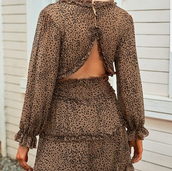 Leopard Print Long+Sleeve Ruffle Dress - Picture 3 of 3